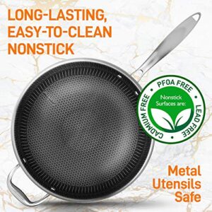 NutriChef 12" Stainless Steel Durable Wok - Triply Kitchenware with Glass Lid, Side Handle - DAKIN Etching Non-Stick Coating, Scratch-resistant Raised-up Honeycomb Fire Textured Pattern - NCS3PWOK