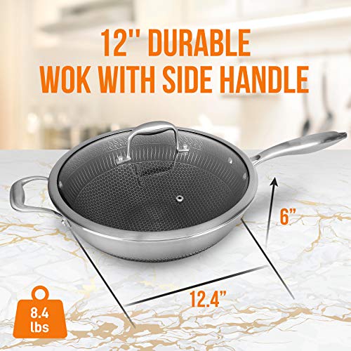 NutriChef 12" Stainless Steel Durable Wok - Triply Kitchenware with Glass Lid, Side Handle - DAKIN Etching Non-Stick Coating, Scratch-resistant Raised-up Honeycomb Fire Textured Pattern - NCS3PWOK