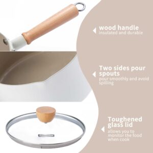 Rockurwok Ceramic Nonstick Sauce Pan, 2.5 Qt Pot With Steamer, Non Toxic Pfas-Free Saucepan, Small Pot Pouring Spout & Wooden Handle For Cool Touch, Universal Base(Gas, Electric & Induction), White