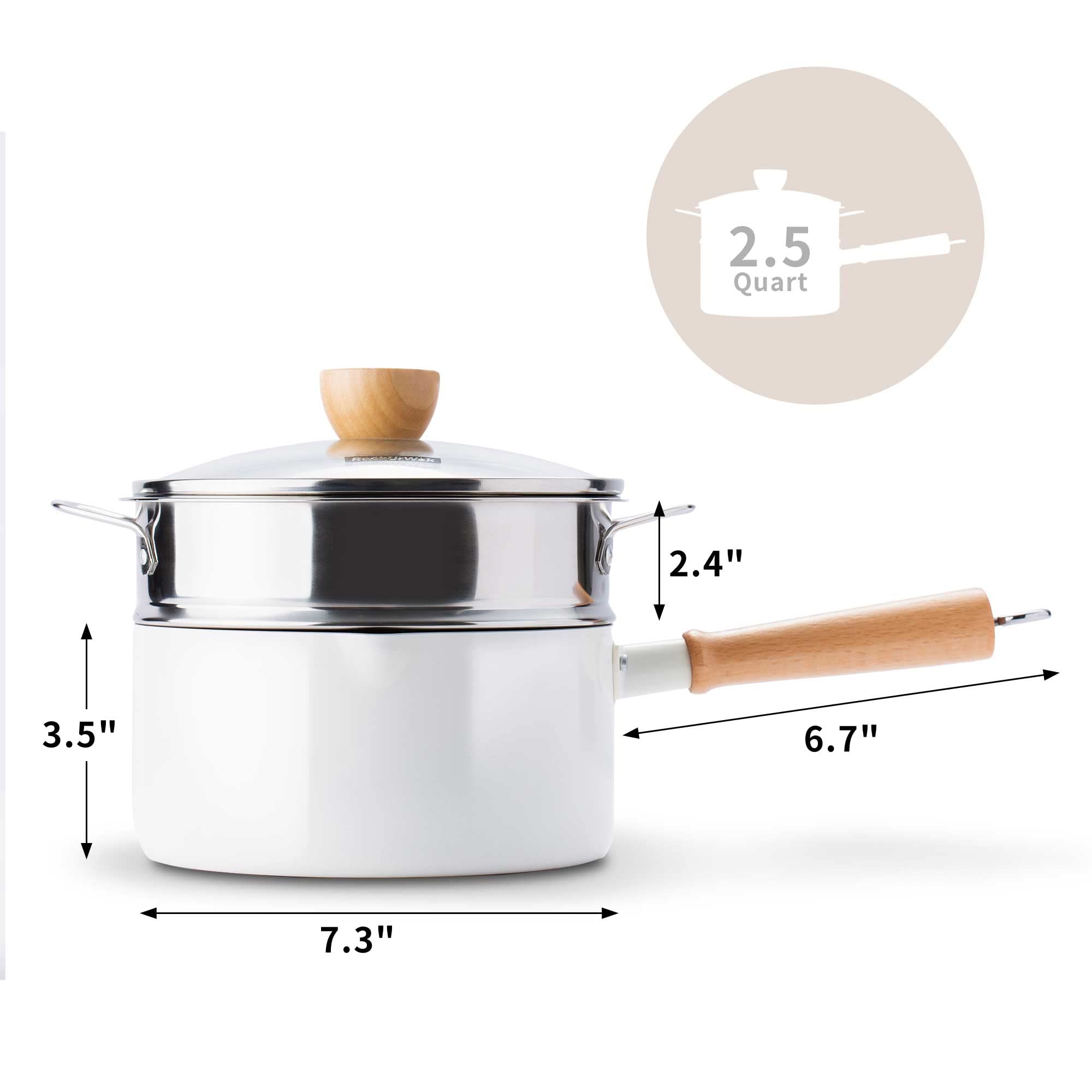 Rockurwok Ceramic Nonstick Sauce Pan, 2.5 Qt Pot With Steamer, Non Toxic Pfas-Free Saucepan, Small Pot Pouring Spout & Wooden Handle For Cool Touch, Universal Base(Gas, Electric & Induction), White