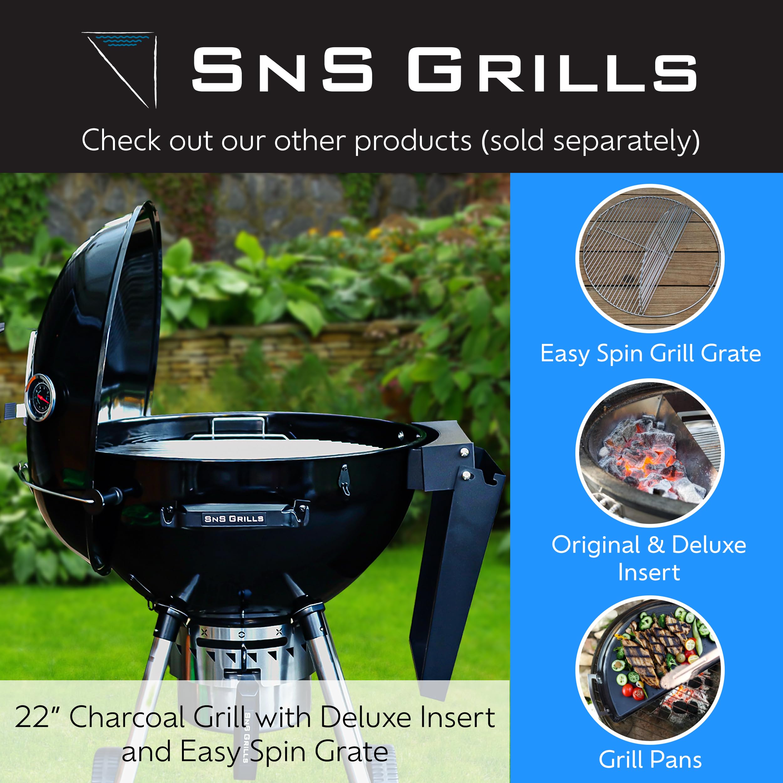 SnS Grills Slow ‘N Sear Porcelain Drip 'n Roast Pan for Kettle Grilling, All-in-One Carbon Steel with Black Porcelain Coating Drip and Roast Accessory - 22” Grill Fit