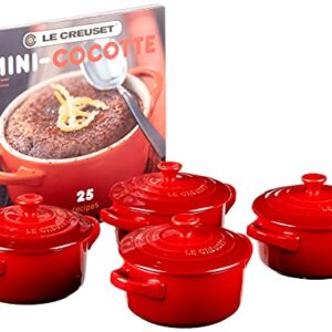 Le Creuset Stoneware Set of 4 Mini Cocottes with Cookbook, 8 oz. each, Cerise