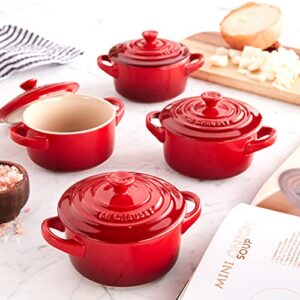 Le Creuset Stoneware Set of 4 Mini Cocottes with Cookbook, 8 oz. each, Cerise