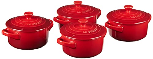 Le Creuset Stoneware Set of 4 Mini Cocottes with Cookbook, 8 oz. each, Cerise