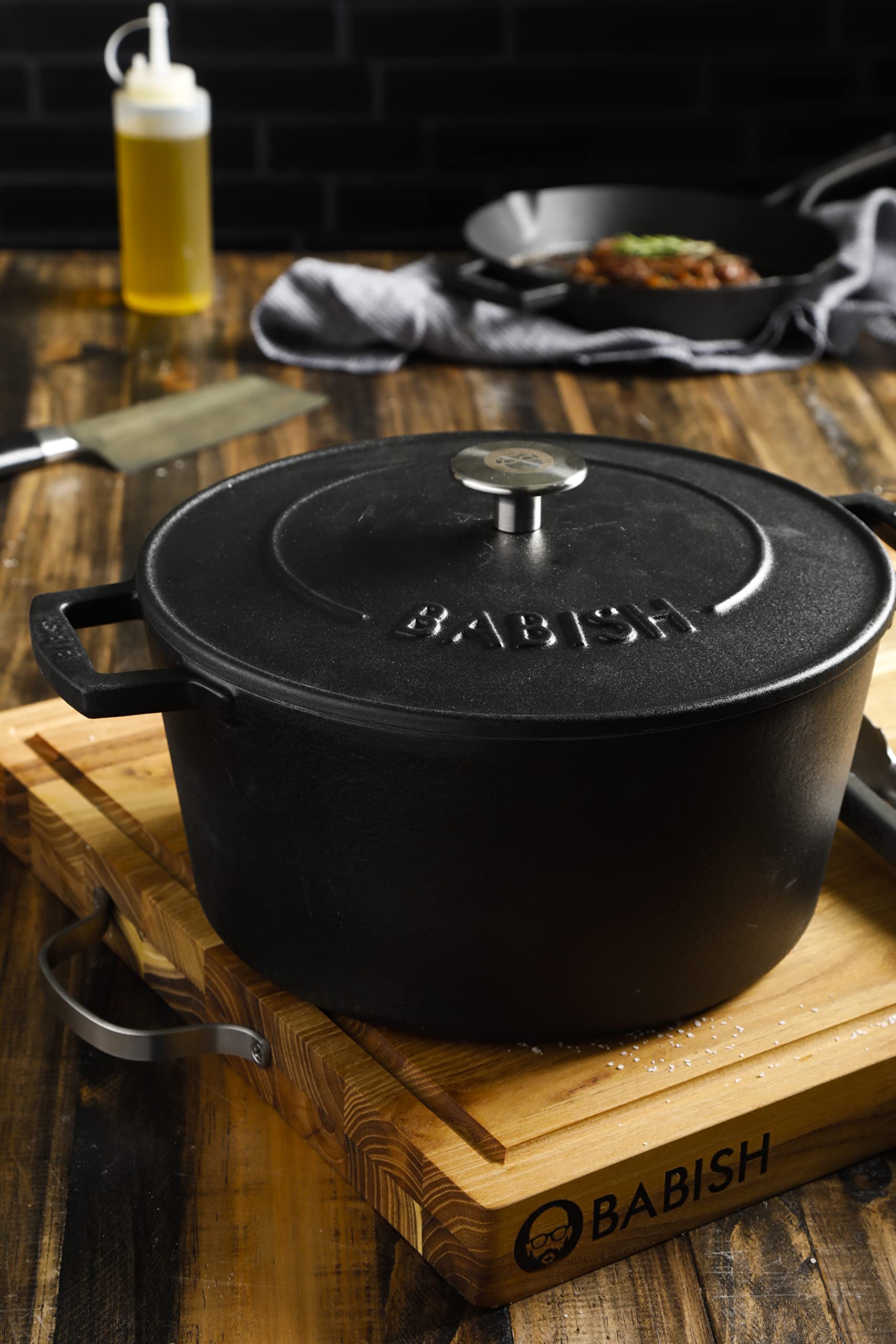 Babish Round Enamel Cast Iron Dutch Oven w/Lid, 6-Quart, Matte Black