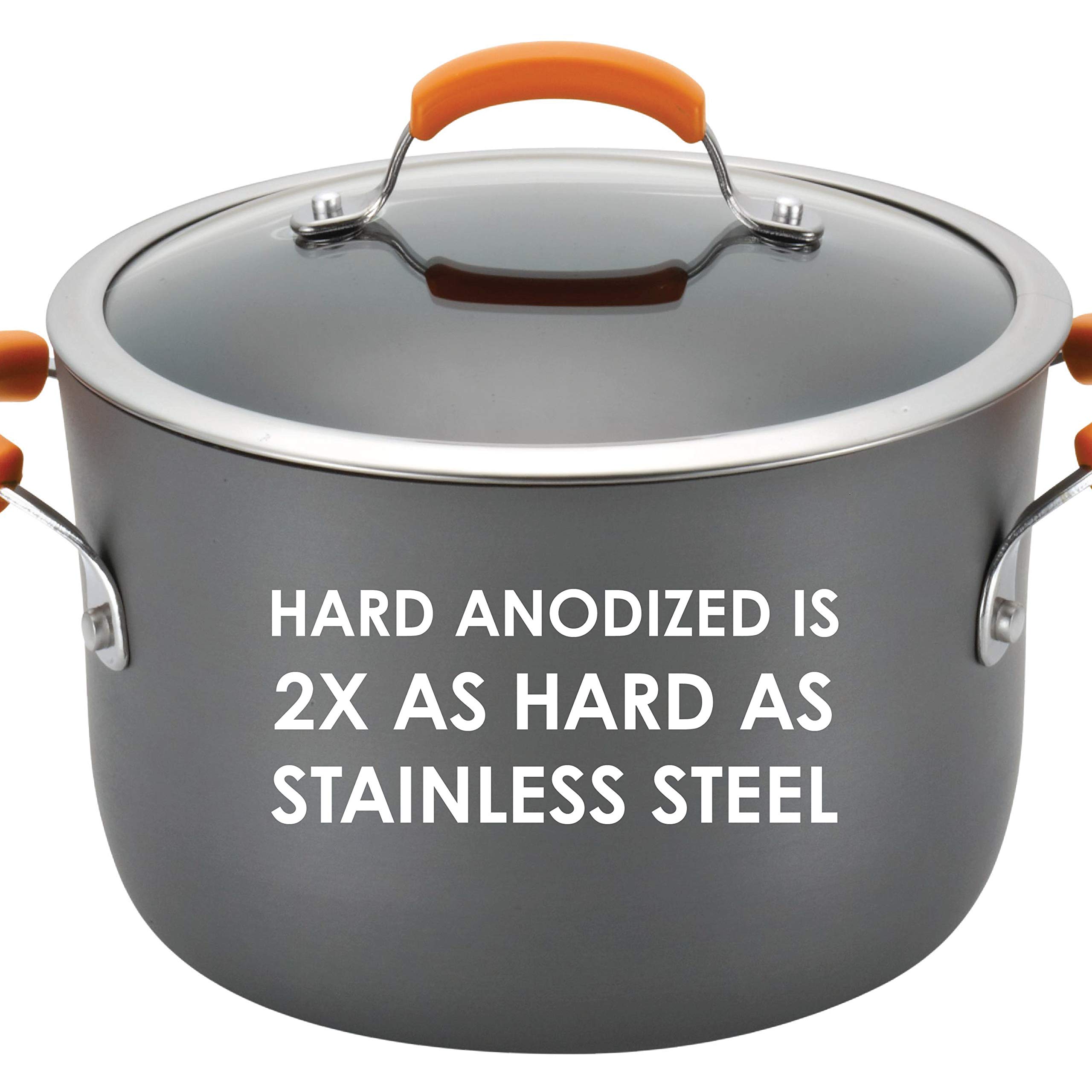 Rachael Ray Brights Hard Anodized Nonstick Stock Pot/Stockpot with Lid, 10 Quart, Gray with Orange Handles