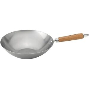 helen's asian kitchen helen chen's asian kitchen flat bottom wok, carbon steel with lid and stir fry spatula, recipes included, 13.5-inch, 4 piece set, 13.5 inch, silver/gray/natural