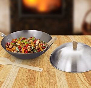 Helen's Asian Kitchen Helen Chen's Asian Kitchen Flat Bottom Wok, Carbon Steel with Lid and Stir Fry Spatula, Recipes Included, 13.5-inch, 4 Piece Set, 13.5 Inch, Silver/Gray/Natural