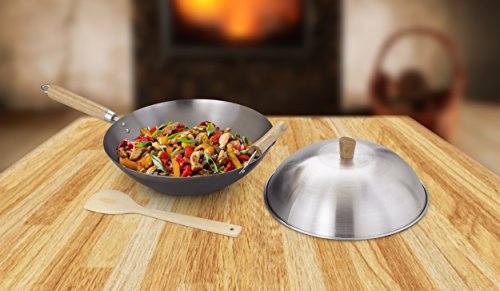 Helen's Asian Kitchen Helen Chen's Asian Kitchen Flat Bottom Wok, Carbon Steel with Lid and Stir Fry Spatula, Recipes Included, 13.5-inch, 4 Piece Set, 13.5 Inch, Silver/Gray/Natural
