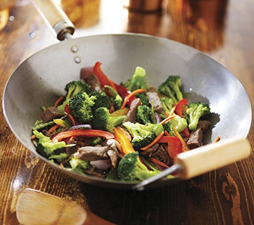 Helen's Asian Kitchen Helen Chen's Asian Kitchen Flat Bottom Wok, Carbon Steel with Lid and Stir Fry Spatula, Recipes Included, 13.5-inch, 4 Piece Set, 13.5 Inch, Silver/Gray/Natural