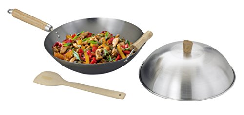 Helen's Asian Kitchen Helen Chen's Asian Kitchen Flat Bottom Wok, Carbon Steel with Lid and Stir Fry Spatula, Recipes Included, 13.5-inch, 4 Piece Set, 13.5 Inch, Silver/Gray/Natural