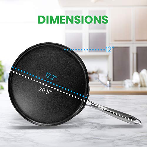 NutriChef Nonstick Stove Top Crepe Pan| Great for Pancakes, Eggs PTFE/PFOA/PFOS Free 12" Hard-Anodized Non stick Grill & Griddle Pan - Dishwasher Safe NCHAC45