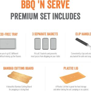 Yukon Glory™ BBQ 'N SERVE Premium Set, Includes 3 Grill Baskets, Serving Tray, Bamboo Cutting Board, Plastic Lid and Clip-on Handle