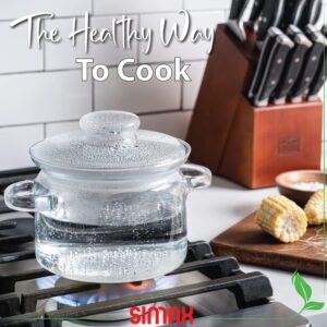 Simax Glass Cookware, 64 Oz (2 Quart) Clear Glass Pot, Glass Saucepan, Potpourri Simmer Pot With Lid, Easy Grip Handles, Made from Oven, Microwave, Stove and Dishwasher Safe Borosilicate Glass