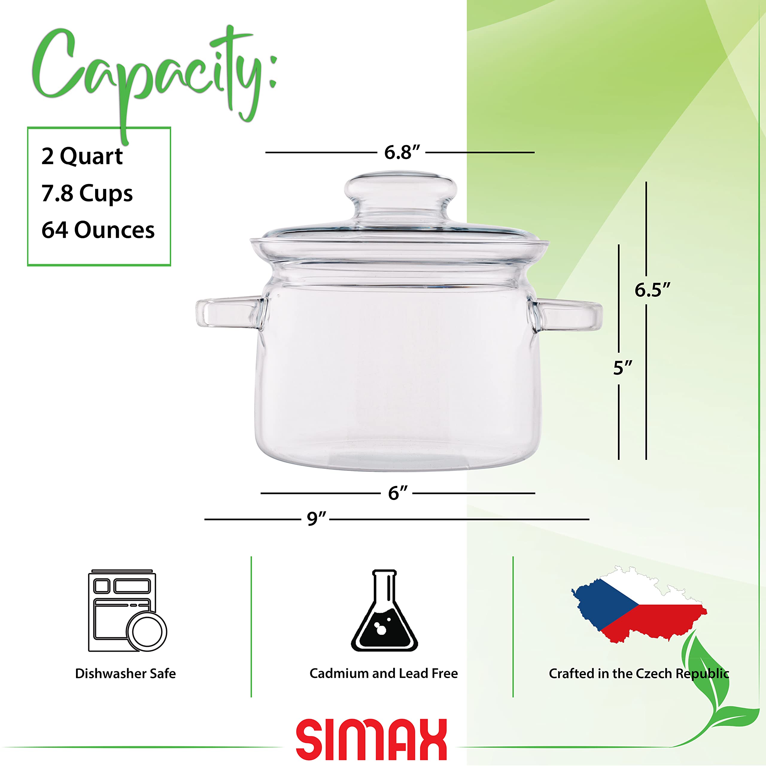 Simax Glass Cookware, 64 Oz (2 Quart) Clear Glass Pot, Glass Saucepan, Potpourri Simmer Pot With Lid, Easy Grip Handles, Made from Oven, Microwave, Stove and Dishwasher Safe Borosilicate Glass