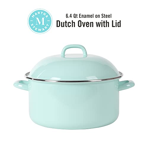 Martha Stewart Thayer 6.4-Quart Enamel On Steel Scratch Resistant Dutch Oven w/Lid - Martha Blue, Induction Safe