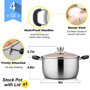 E-far 4 Quart Stock Pot, Stainless Steel Metal Soup Pot with Glass Lid for Cooking, Healthy & Rust Free, Heavy Duty & Dishwasher Safe