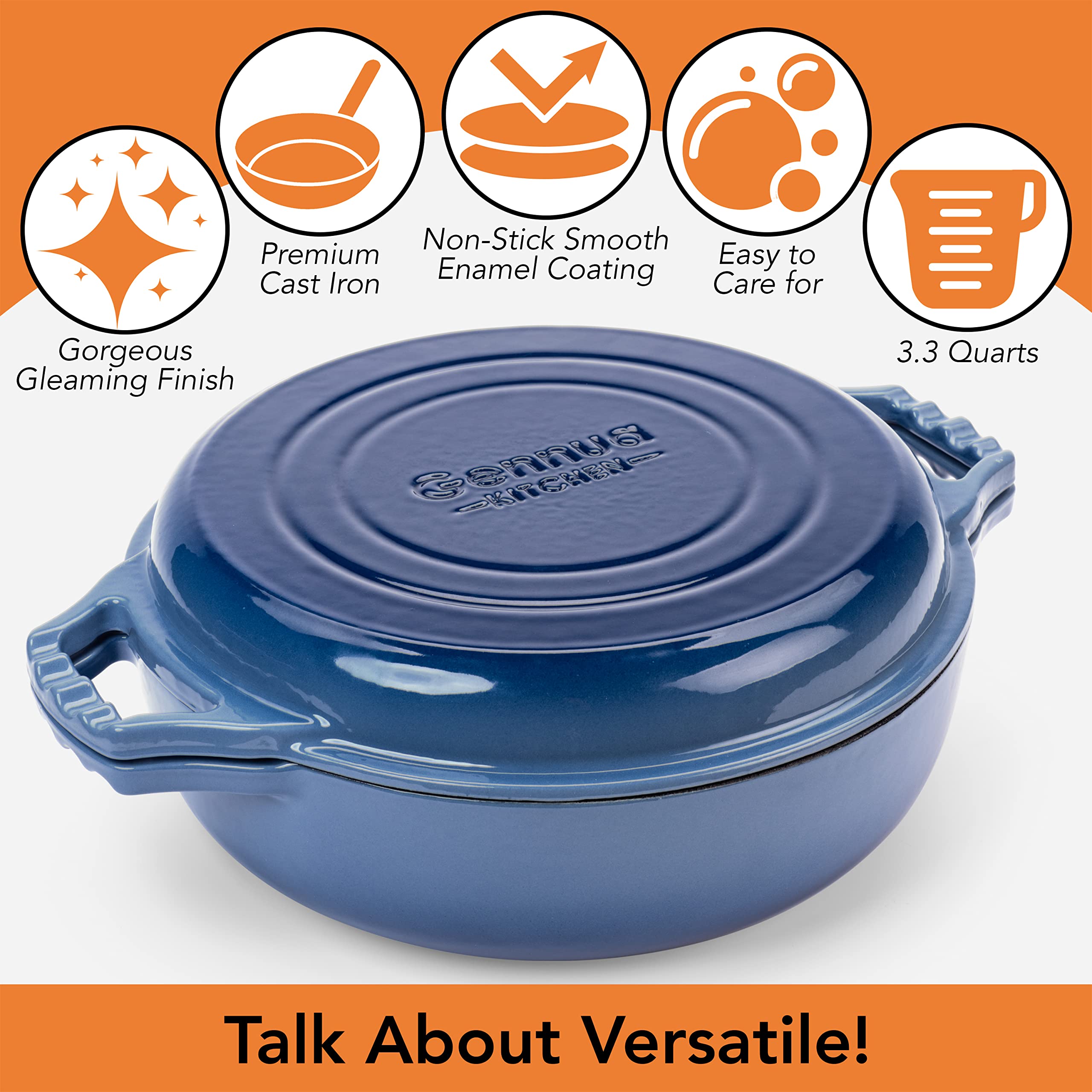 Gennua 3.3-Quart Enameled Cast Iron Braiser with Grill Lid - Small Dutch Oven and Stovetop Grill Pan