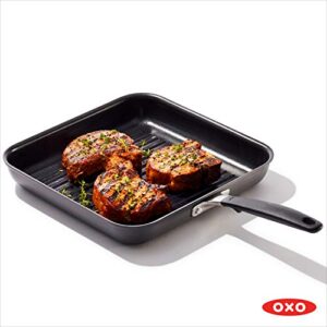 OXO Good Grips 11” Square Grill Pan, 3-Layered German Engineered Nonstick Coating, Stainless Steel Handle with Nonslip Silicone, Black