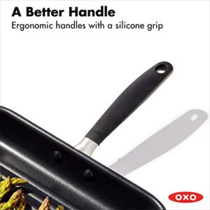 OXO Good Grips 11” Square Grill Pan, 3-Layered German Engineered Nonstick Coating, Stainless Steel Handle with Nonslip Silicone, Black