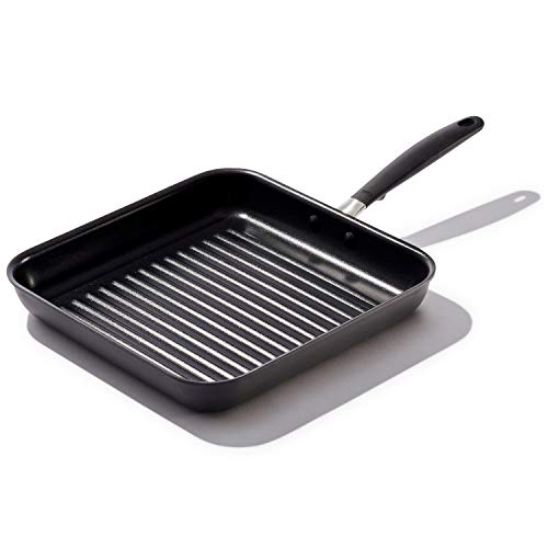 OXO Good Grips 11” Square Grill Pan, 3-Layered German Engineered Nonstick Coating, Stainless Steel Handle with Nonslip Silicone, Black