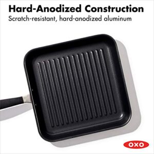 OXO Good Grips 11” Square Grill Pan, 3-Layered German Engineered Nonstick Coating, Stainless Steel Handle with Nonslip Silicone, Black