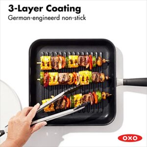 OXO Good Grips 11” Square Grill Pan, 3-Layered German Engineered Nonstick Coating, Stainless Steel Handle with Nonslip Silicone, Black