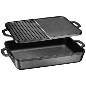 bruntmor 3-in-1 pre-seasoned cast iron pan with reversible grill griddle lid - 17.8"x11"x3.3" non-stick multi cooker deep roasting grill pan - dutch oven, frying or roasting pan for open fire camping