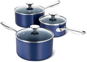 michelangelo sauce pan sets, ceramic saucepans with lids, 1qt & 2qt & 3qt sauce pans with lid, nonstick saucepan set, small pot with stainless steel handle, oven safe, blue