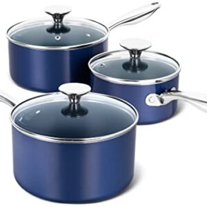 MICHELANGELO Sauce Pan Sets, Ceramic Saucepans with Lids, 1Qt & 2Qt & 3Qt Sauce Pans with Lid, Nonstick Saucepan Set, Small Pot with Stainless Steel Handle, Oven Safe, Blue