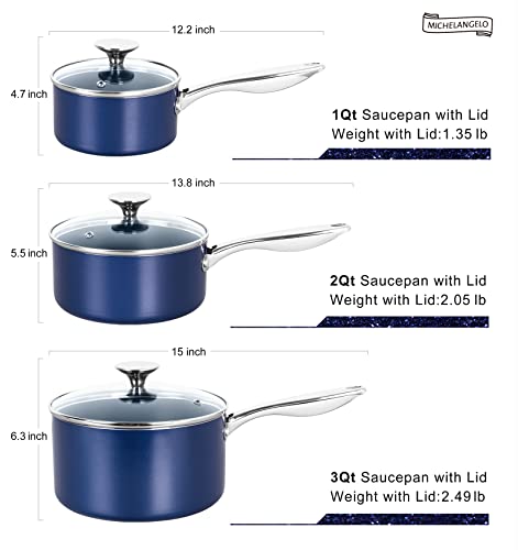 MICHELANGELO Sauce Pan Sets, Ceramic Saucepans with Lids, 1Qt & 2Qt & 3Qt Sauce Pans with Lid, Nonstick Saucepan Set, Small Pot with Stainless Steel Handle, Oven Safe, Blue