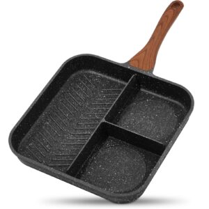 eslite life nonstick divided breakfast grill pan for stove tops, 11 inch 3-in-1 versatile square big grill skillet pan for indoor cooking & outdoor grilling, pfoa free, black