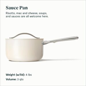 Caraway Nonstick Ceramic Sauce Pan with Lid (3 qt) - Non Toxic, PTFE & PFOA Free - Oven Safe & Compatible with All Stovetops (Gas, Electric & Induction) - Cream