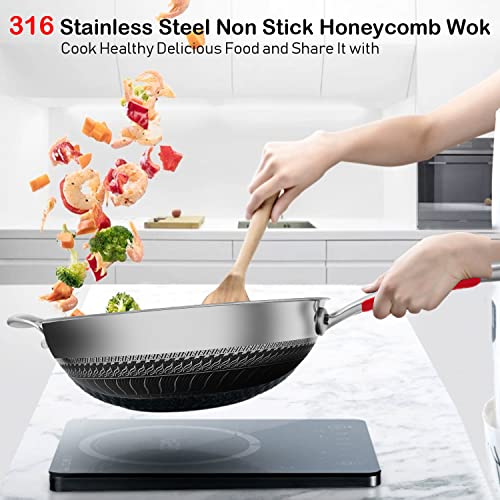 MEGOO 12.6 inch stainless steel nonstick wok pan with lid,stir fry honeycomb wok,cooking wok skillet,for gas cooktops,Induction,electric stove,dishwasher safe(PFA,PFOA Free)