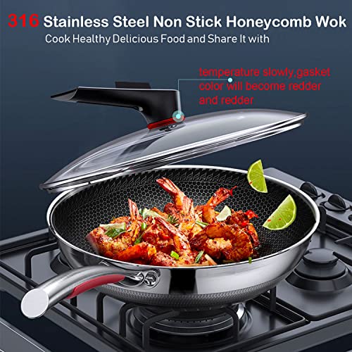 MEGOO 12.6 inch stainless steel nonstick wok pan with lid,stir fry honeycomb wok,cooking wok skillet,for gas cooktops,Induction,electric stove,dishwasher safe(PFA,PFOA Free)