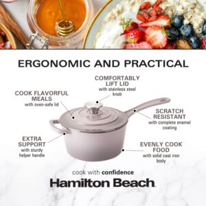 Hamilton Beach Enameled Cast Iron Sauce Pan 2-Quart Navy, Cream Enamel coating, Pot For Stove top and Oven Cooking, Even Heat Distribution, Safe Up to 400 Degrees, Durable