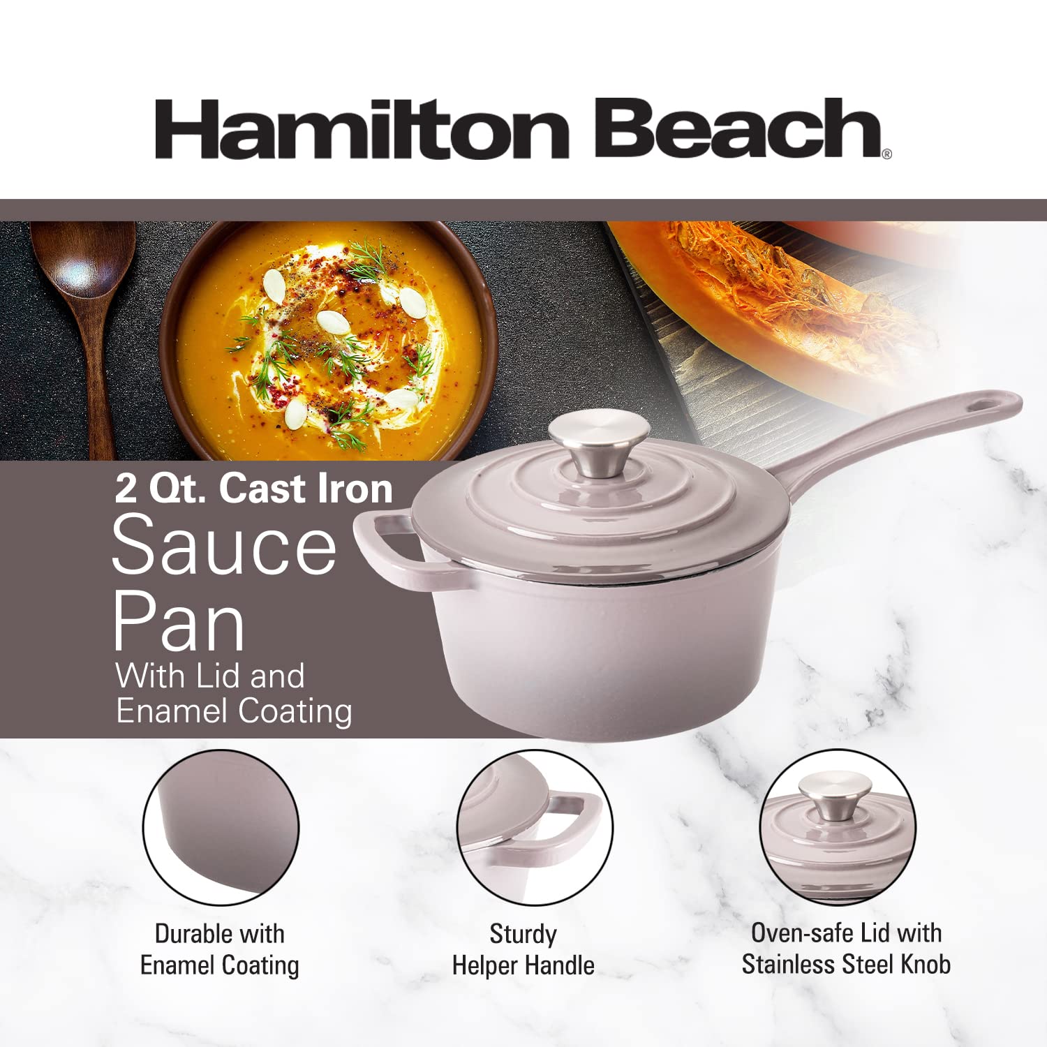 Hamilton Beach Enameled Cast Iron Sauce Pan 2-Quart Navy, Cream Enamel coating, Pot For Stove top and Oven Cooking, Even Heat Distribution, Safe Up to 400 Degrees, Durable