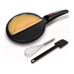 electric crepe maker - cooks roti, tortillas & pancakes - nonstick cooktop - 8-inch cook area w/on/off switch, automatic temperature control & cool touch handle - includes food bowl, whisk & spatula