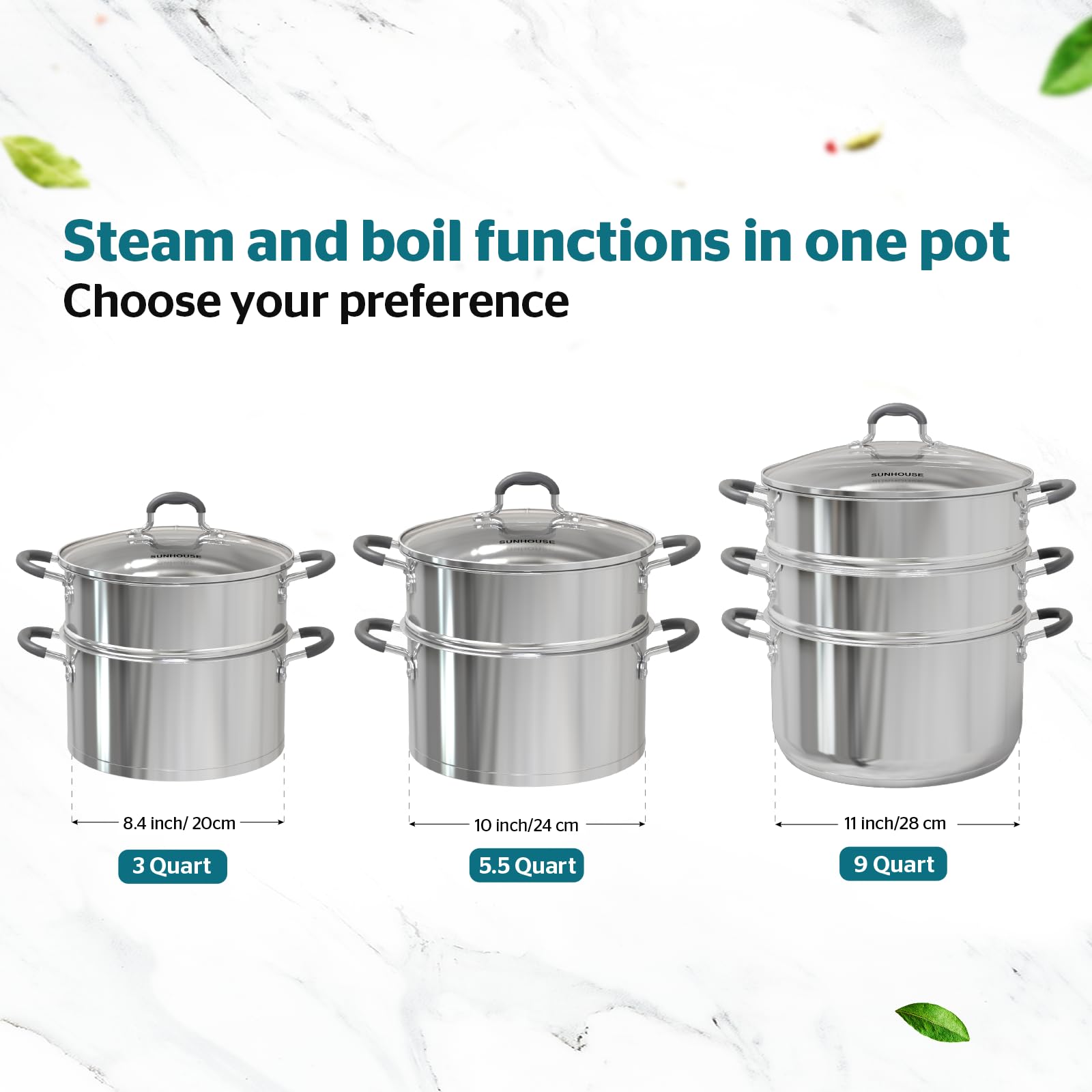 Sunhouse - 5.5 Quarts Multipurpose Stock Pot and Steamer Pot with PFOA-free,18/10 Stainless Steel Steam Pot for Cooking Vegetables, Seafood - Cooking Pot with Lid Suitable for Soups, Stews and Pasta