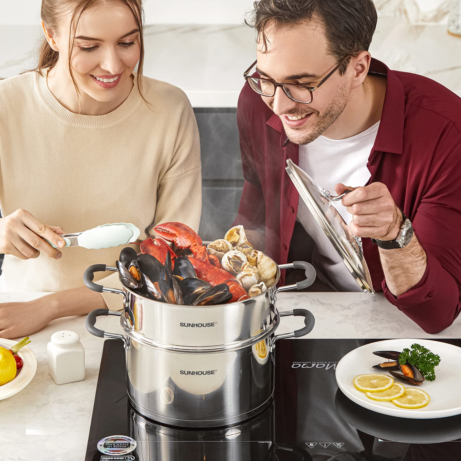 Sunhouse - 5.5 Quarts Multipurpose Stock Pot and Steamer Pot with PFOA-free,18/10 Stainless Steel Steam Pot for Cooking Vegetables, Seafood - Cooking Pot with Lid Suitable for Soups, Stews and Pasta