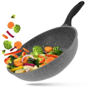 wok nonstick - flat bottom, cast aluminum stir fry pan non-scratch coating for cooking, boiling, sautee, steam - ideal for gas, electric, induction & ceramic stoves (11 inch wok)