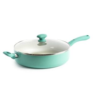 greenlife soft grip diamond healthy ceramic nonstick, 5qt saute pan jumbo cooker with helper handle and lid, pfas-free, dishwasher safe, turquoise
