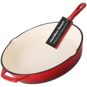 hamilton beach enameled cast iron fry pan 12-inch red, cream enamel coating, skillet pan for stove top and oven, even heat distribution, safe up to 400 degrees, durable
