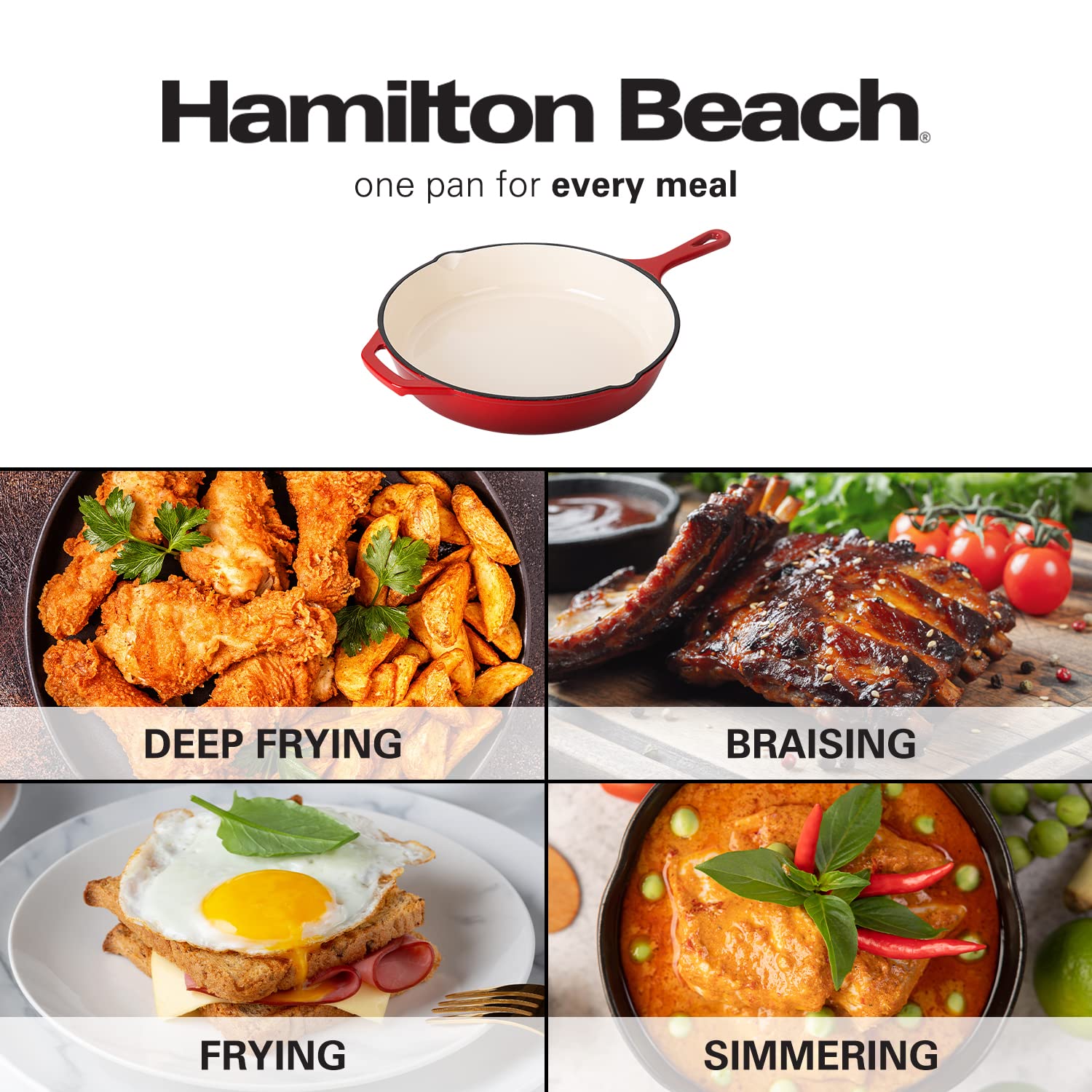 Hamilton Beach Enameled Cast Iron Fry Pan 12-Inch Red, Cream Enamel coating, Skillet Pan For Stove top and Oven, Even Heat Distribution, Safe Up to 400 Degrees, Durable