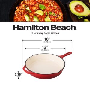 Hamilton Beach Enameled Cast Iron Fry Pan 12-Inch Red, Cream Enamel coating, Skillet Pan For Stove top and Oven, Even Heat Distribution, Safe Up to 400 Degrees, Durable