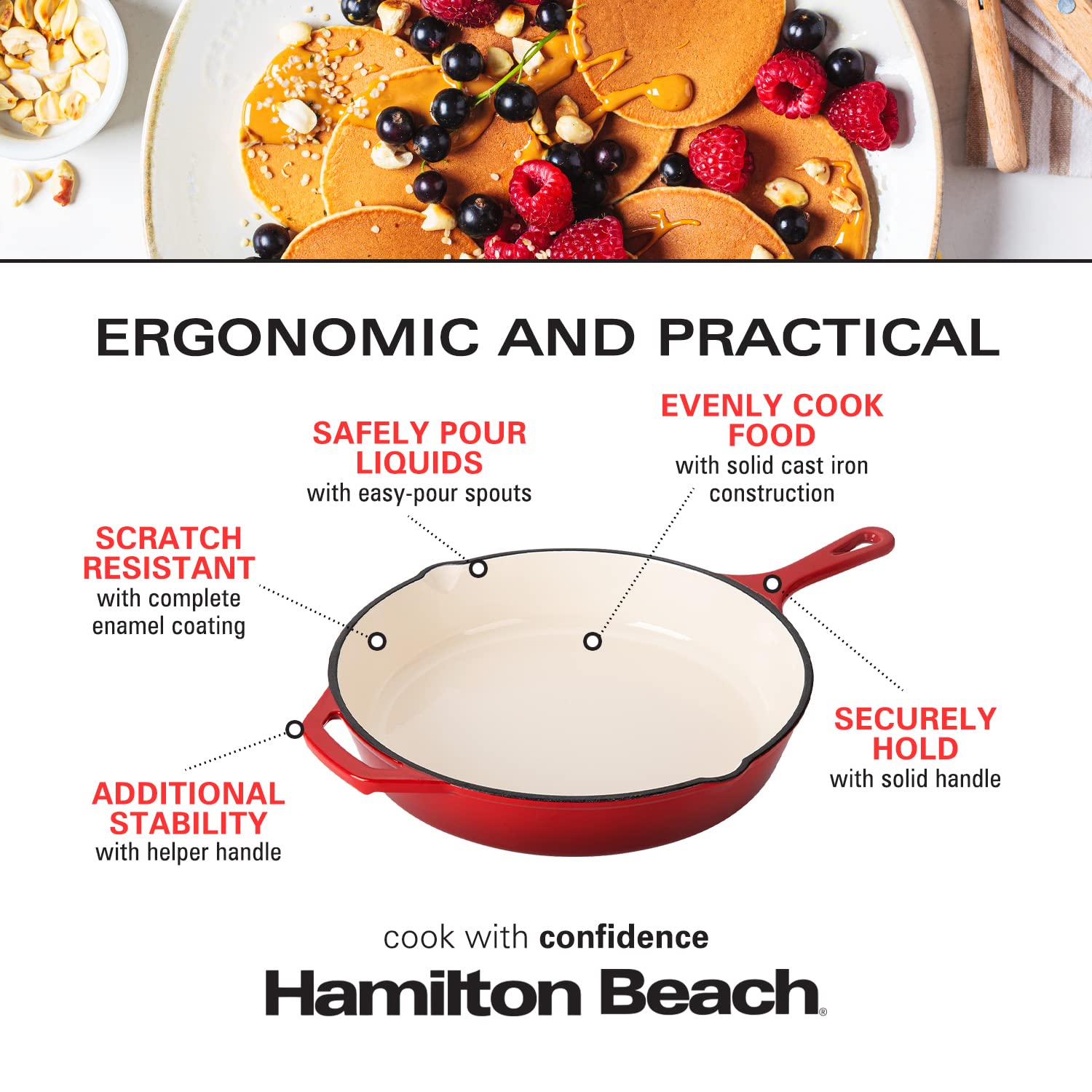 Hamilton Beach Enameled Cast Iron Fry Pan 12-Inch Red, Cream Enamel coating, Skillet Pan For Stove top and Oven, Even Heat Distribution, Safe Up to 400 Degrees, Durable