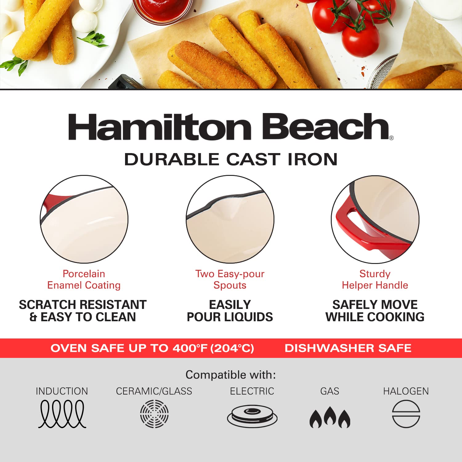 Hamilton Beach Enameled Cast Iron Fry Pan 12-Inch Red, Cream Enamel coating, Skillet Pan For Stove top and Oven, Even Heat Distribution, Safe Up to 400 Degrees, Durable