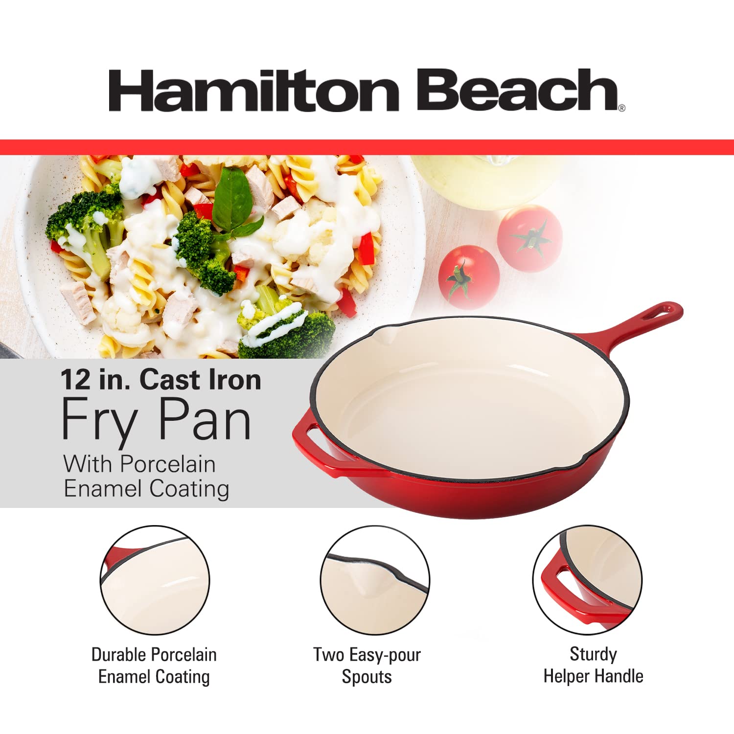 Hamilton Beach Enameled Cast Iron Fry Pan 12-Inch Red, Cream Enamel coating, Skillet Pan For Stove top and Oven, Even Heat Distribution, Safe Up to 400 Degrees, Durable