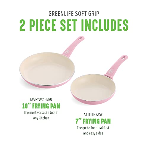 GreenLife Soft Grip Healthy Ceramic Nonstick 7" and 10" Frying Egg Omeltte Pan Skillet Set, PFAS-Free, Dishwasher Safe, Soft Pink