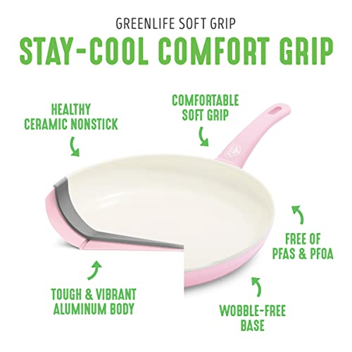 GreenLife Soft Grip Healthy Ceramic Nonstick 7" and 10" Frying Egg Omeltte Pan Skillet Set, PFAS-Free, Dishwasher Safe, Soft Pink